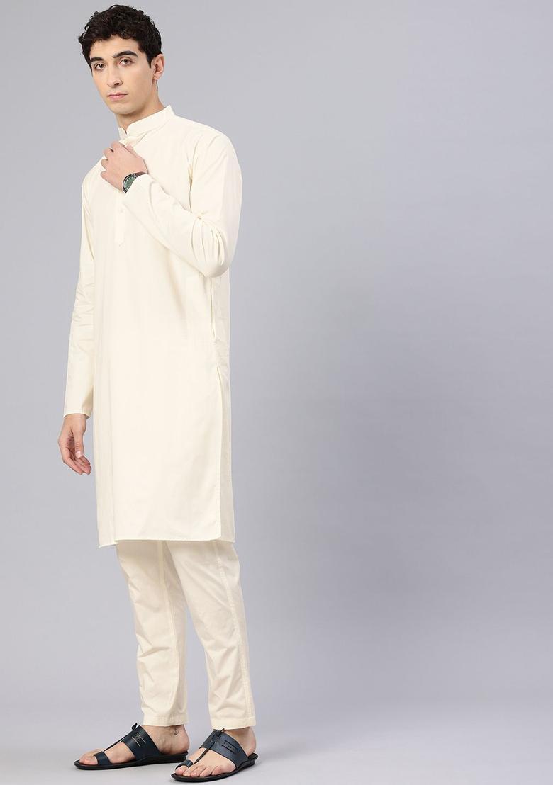 Cream Solid Cotton Kurta Set For Men - Indya