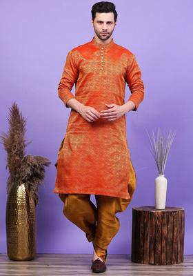 Maroon Woven Design Cotton Kurta Set For Men