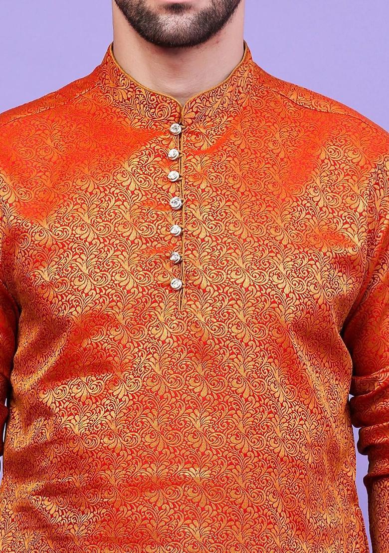 Maroon Woven Design Cotton Kurta Set For Men - Indya