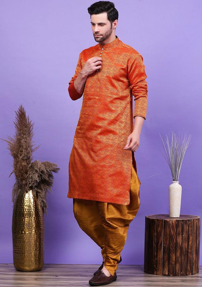 Maroon Woven Design Cotton Kurta Set For Men - Indya