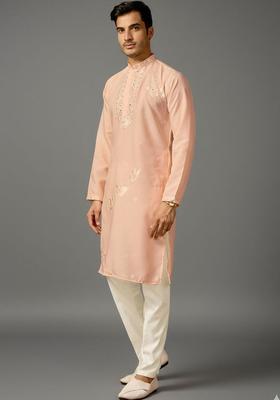Peach Embroidered Silk Kurta Set For Men