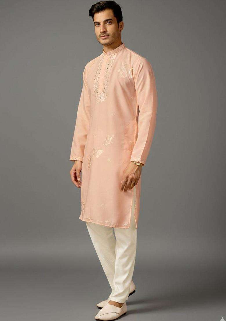 Peach Embroidered Silk Blend Kurta Set For Men - Indya