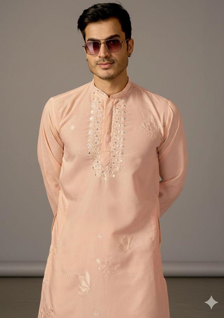 Peach Embroidered Silk Kurta Set For Men - Indya