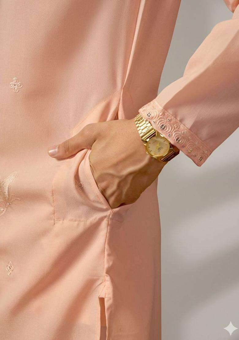 Peach Embroidered Silk Blend Kurta Set For Men - Indya