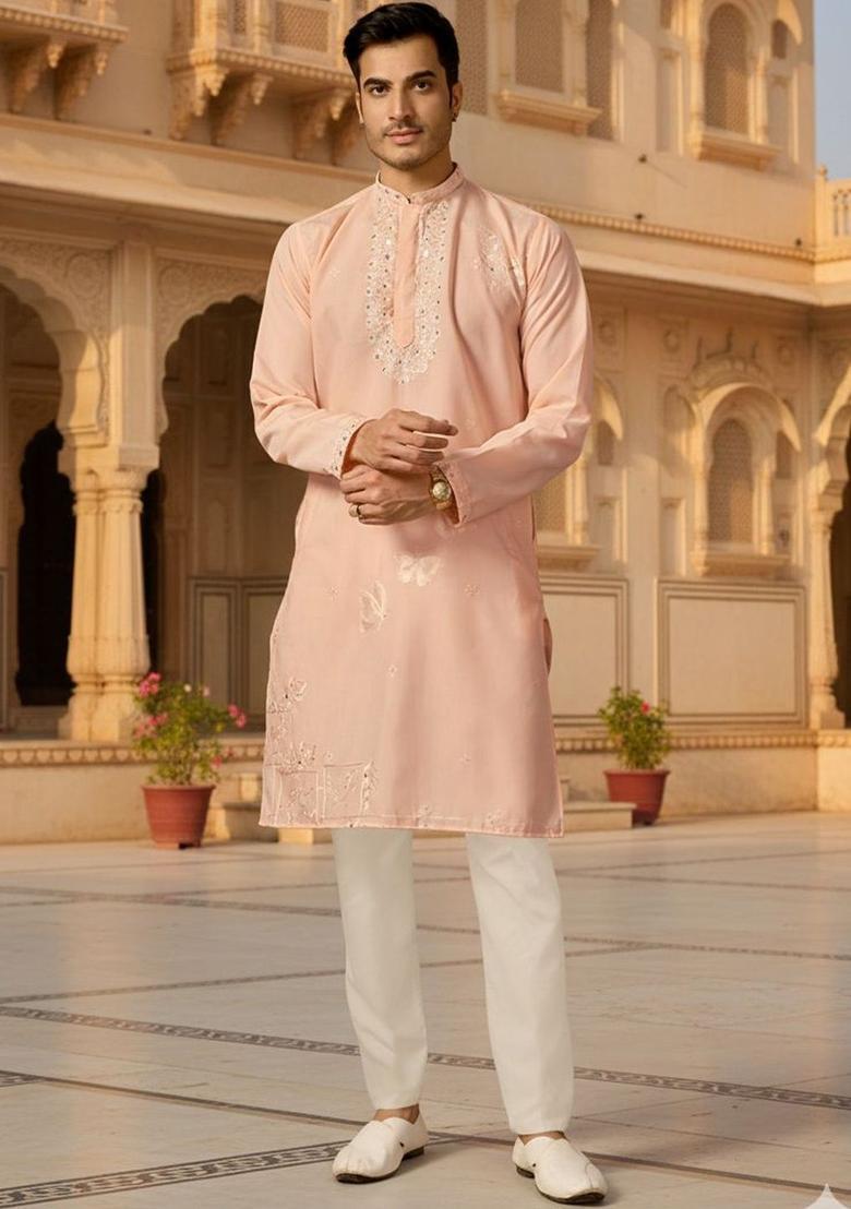 Peach Embroidered Silk Kurta Set For Men - Indya