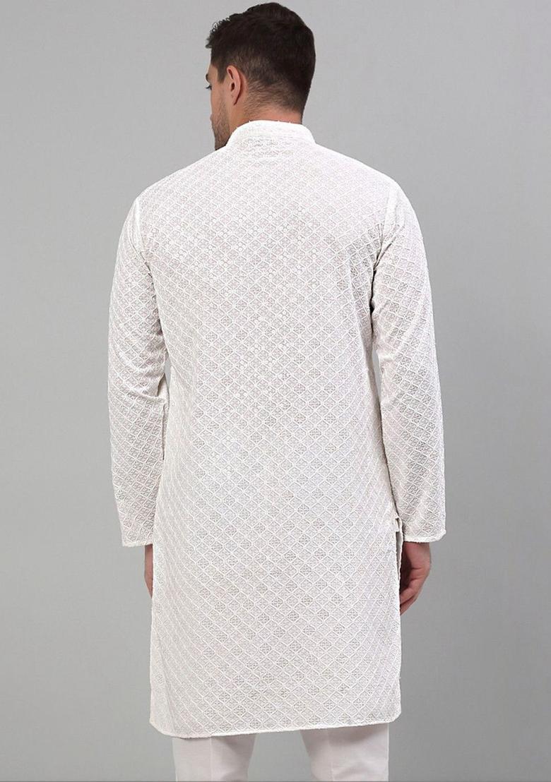 Off White Embroidered Viscose Kurta Set For Men - Indya