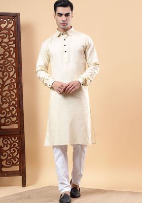 Beige Solid Cotton Kurta Set For Men