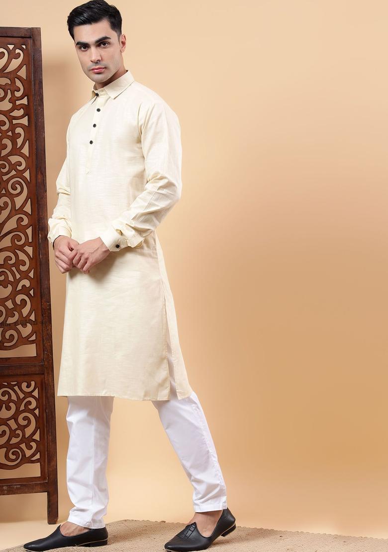 Beige Solid Cotton Kurta Set For Men - Indya