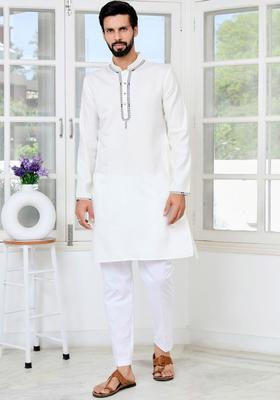 White Embroidered Silk Kurta Set For Men