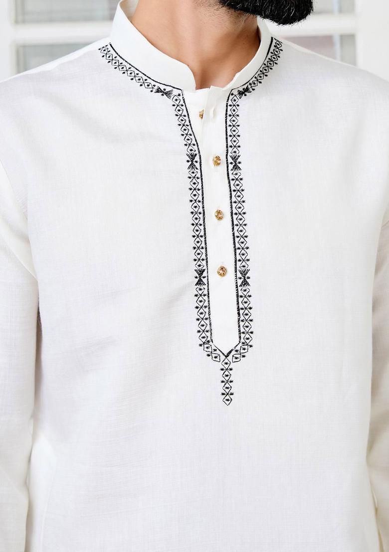 White Embroidered Silk Kurta Set For Men - Indya