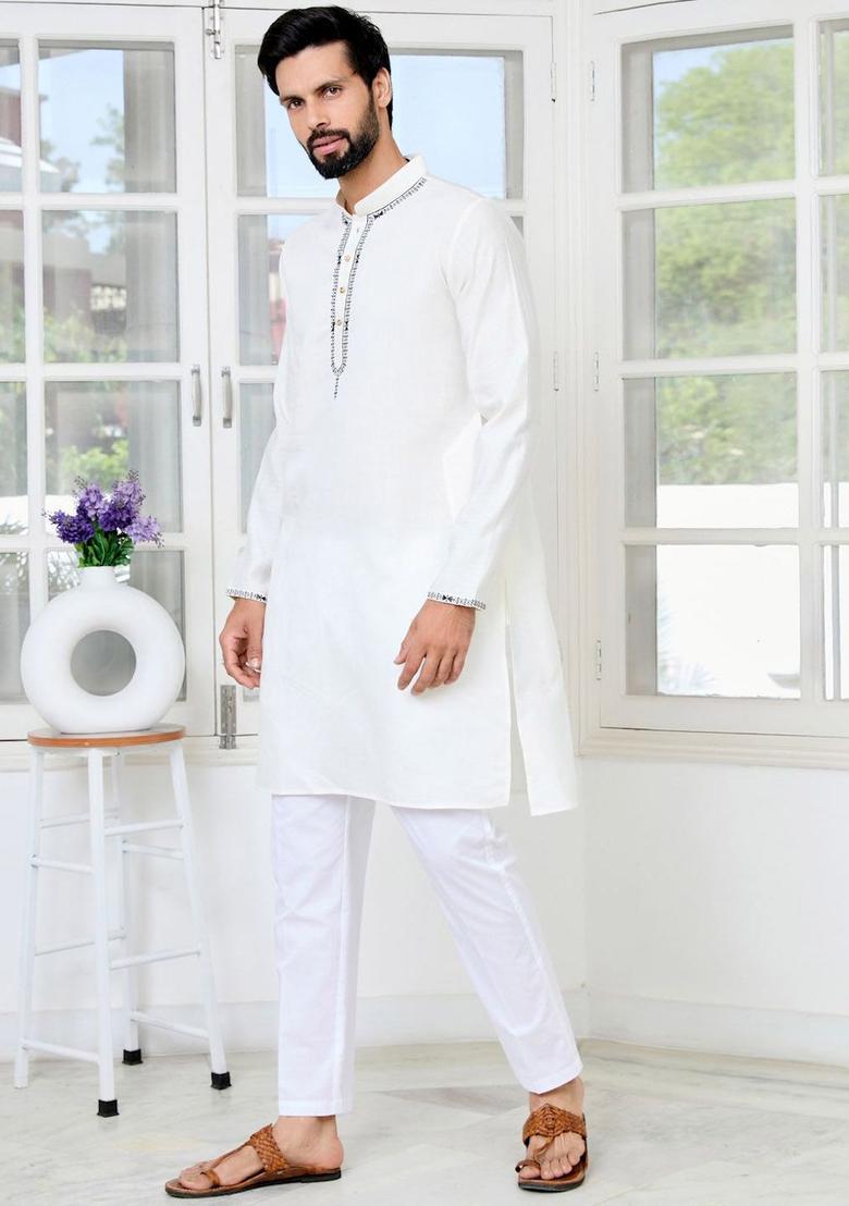 White Embroidered Silk Kurta Set For Men - Indya