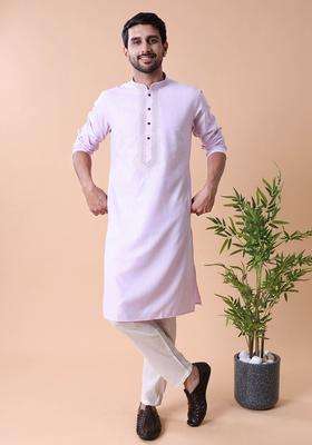 Lavender Embroidered Cotton Kurta Set For Men