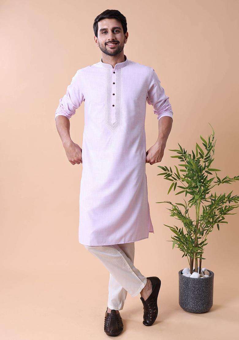 Lavender Embroidered Cotton Kurta Set For Men - Indya