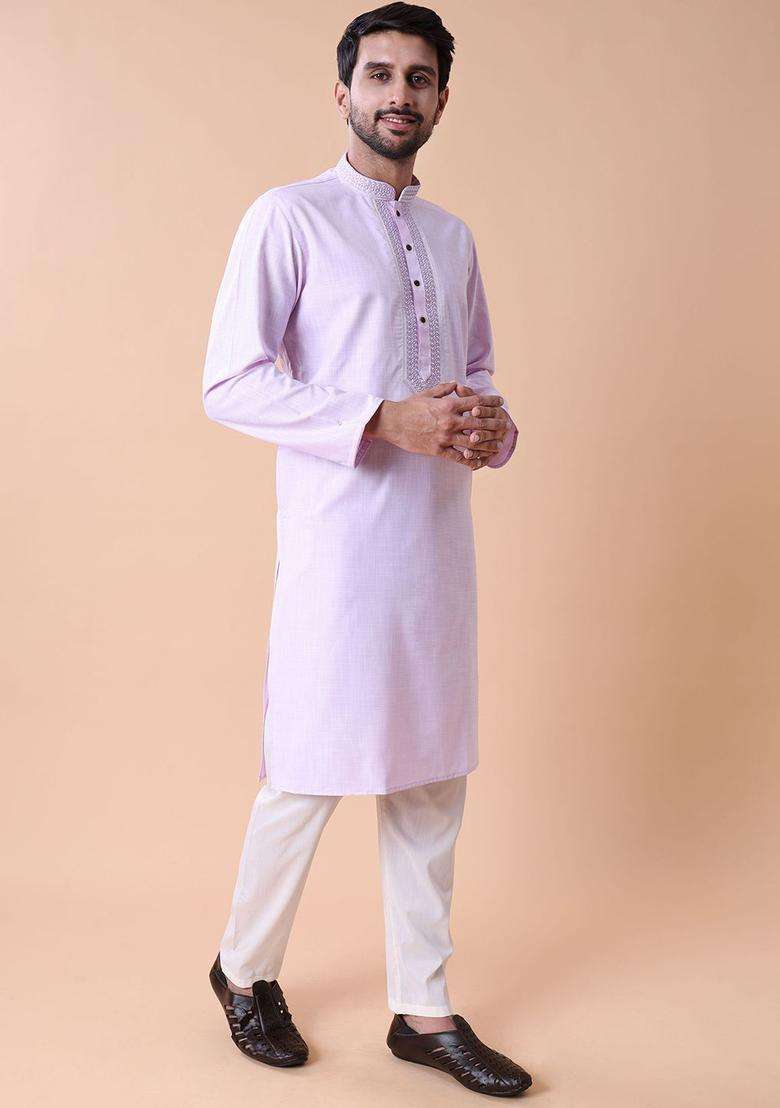 Lavender Embroidered Cotton Kurta Set For Men - Indya