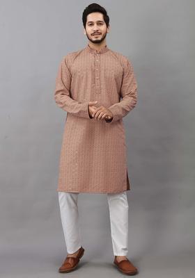 Brown Self Design Viscose Kurta Set For Men