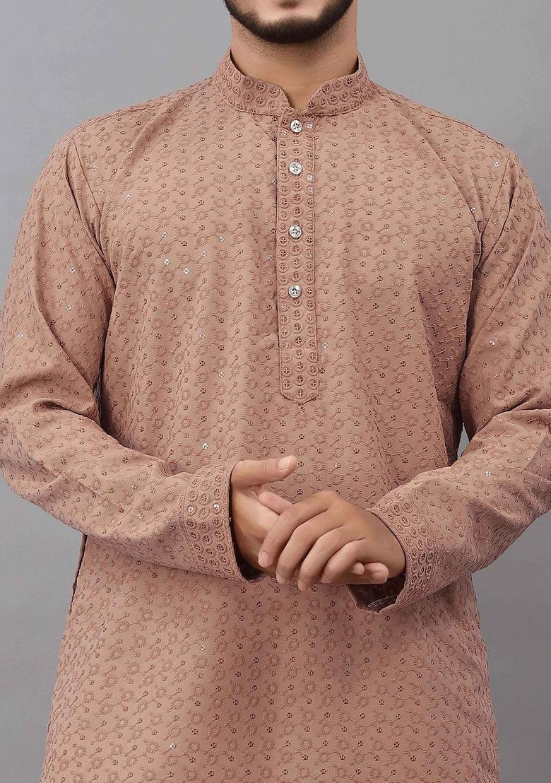 Brown Self Design Viscose Kurta Set For Men - Indya