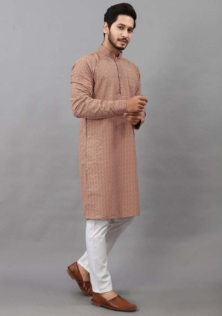 Brown Self Design Viscose Kurta Set For Men - Indya