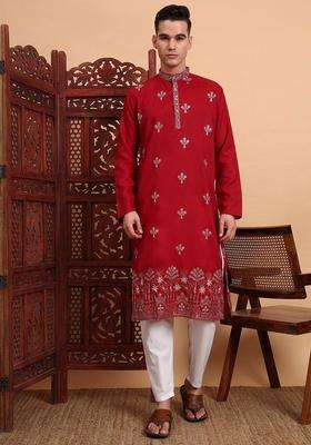 Red Embroidered Cotton Kurta Set For Men