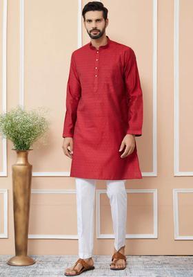 Red Woven Design Silk Kurta Set For Men