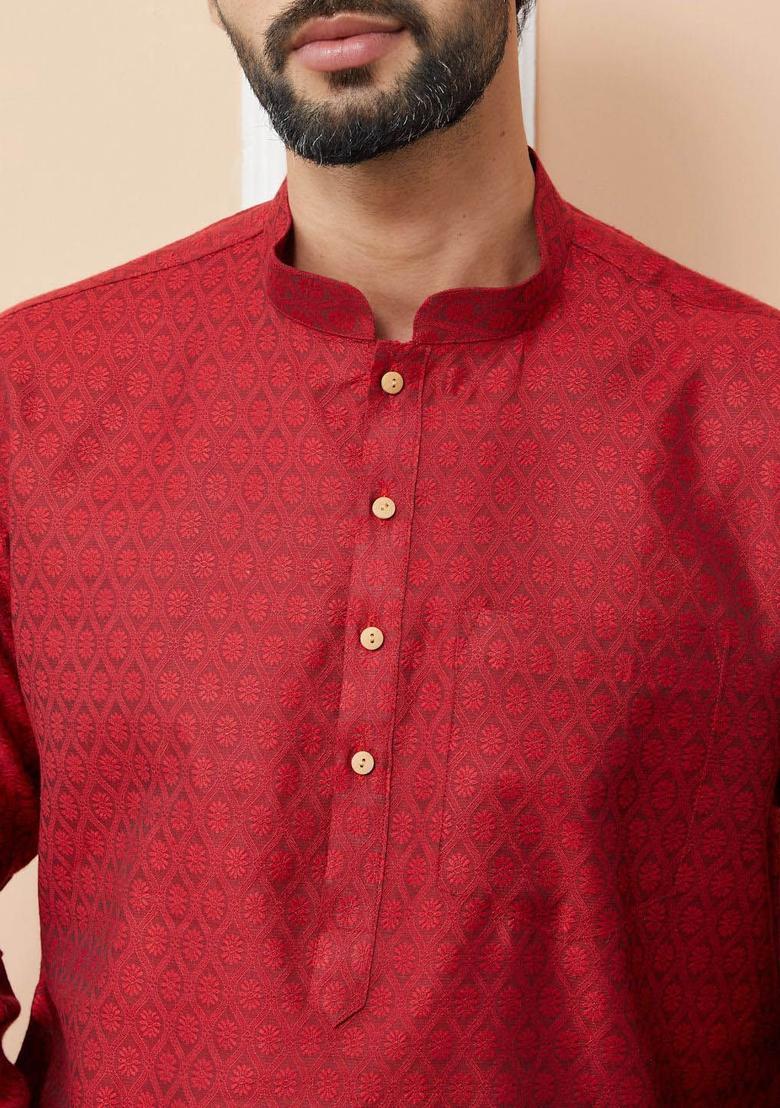 Red Woven Design Silk Kurta Set For Men - Indya