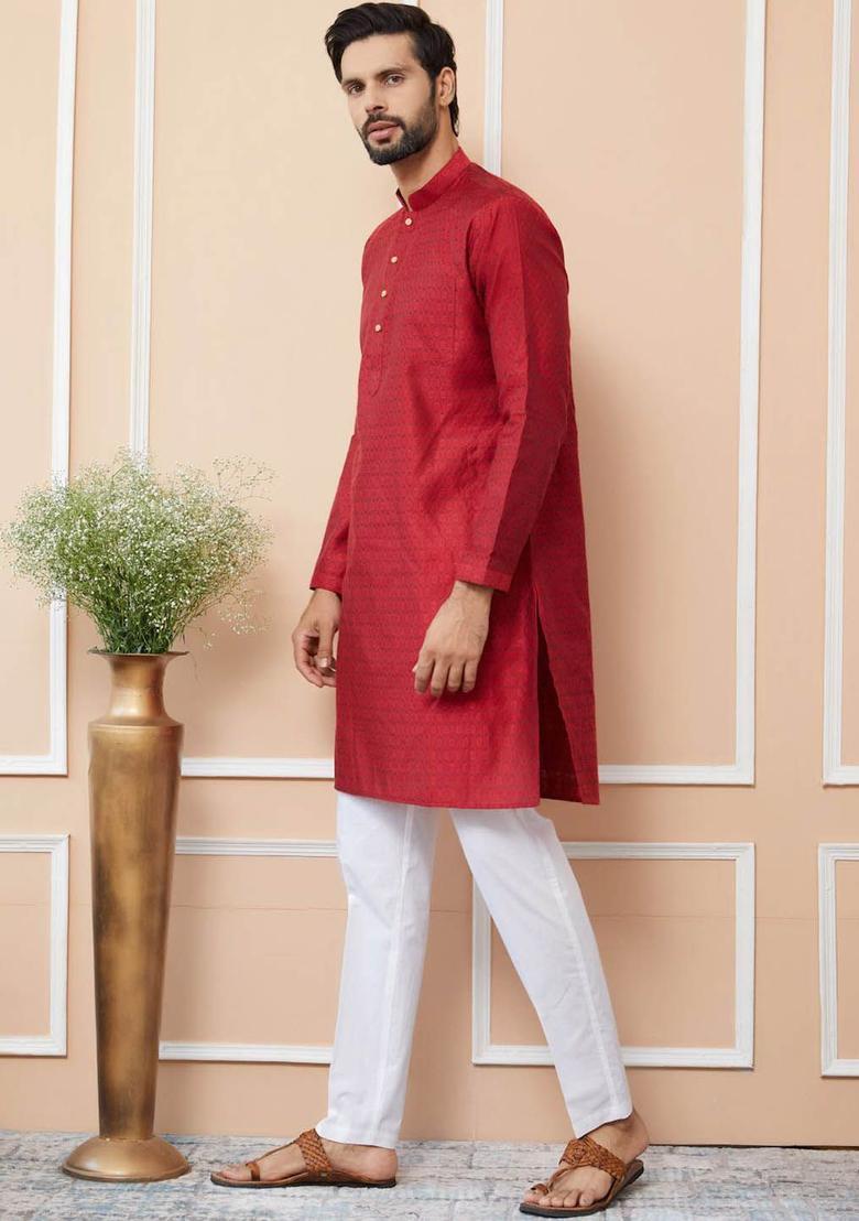 Red Woven Design Silk Kurta Set For Men - Indya