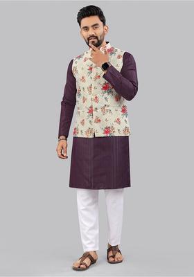 Purple Printed Cotton Kurta Set For Men