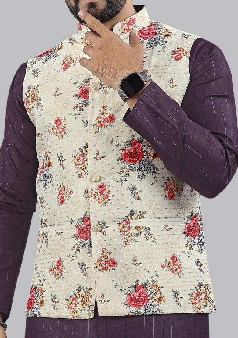 Purple Printed Cotton Kurta Set For Men - Indya
