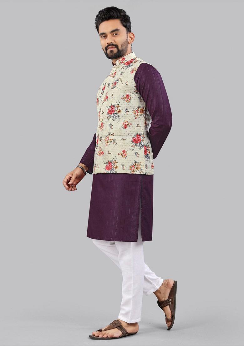 Purple Printed Cotton Kurta Set For Men - Indya