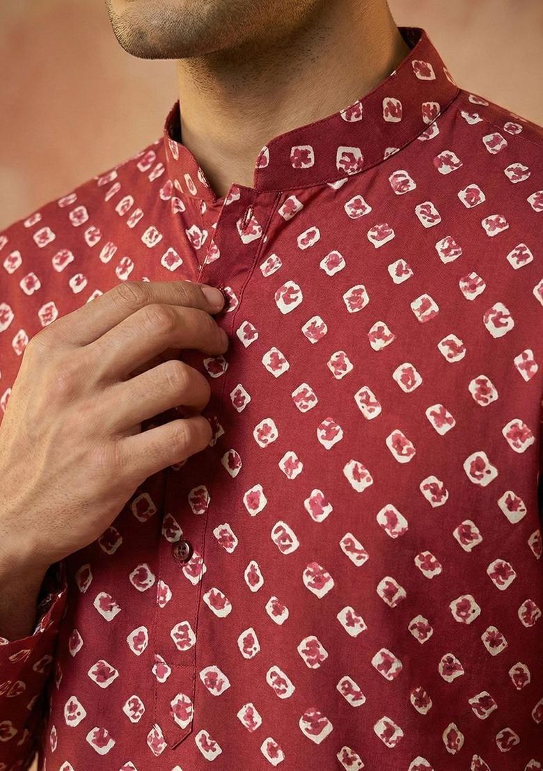 Red Printed Cotton Kurta Set For Men - Indya