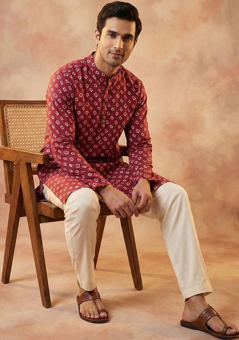 Red Printed Cotton Kurta Set For Men - Indya