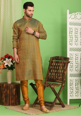 Green Woven Design Cotton Kurta Set For Men