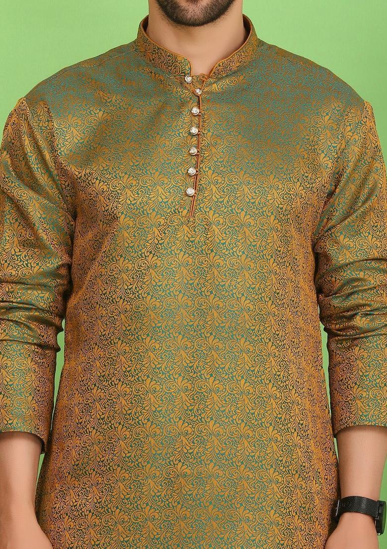 Green Woven Design Cotton Kurta Set For Men - Indya