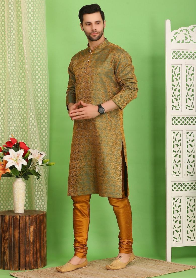 Green Woven Design Cotton Kurta Set For Men - Indya