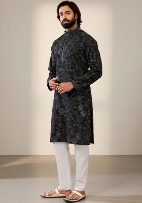 Black Printed Cotton Kurta Set For Men