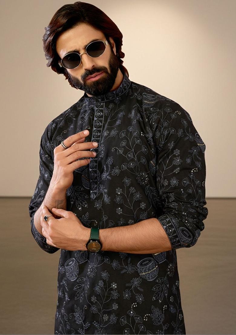 Black Printed Cotton Kurta Set For Men - Indya