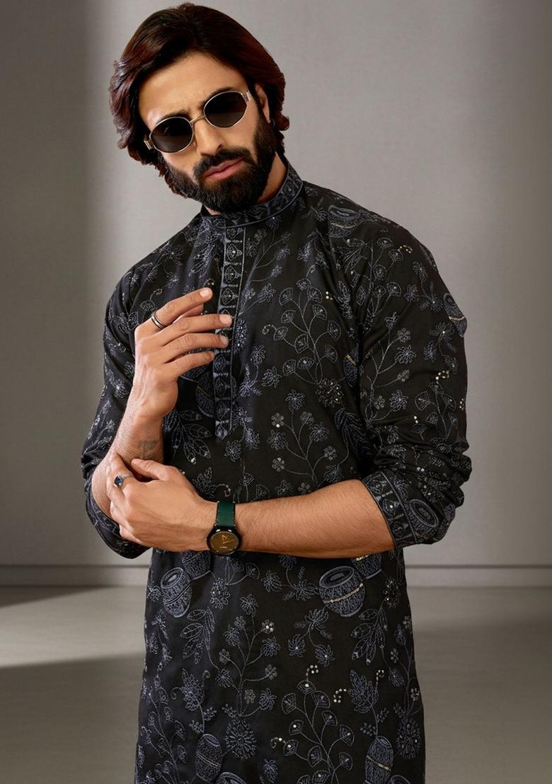 Black Printed Cotton Kurta Set For Men - Indya