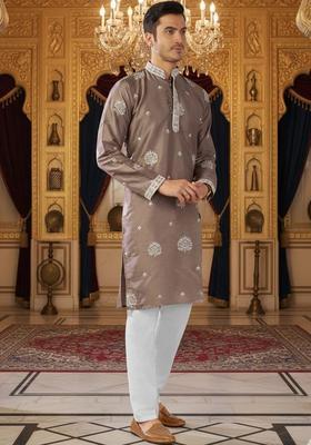 Brown Embroidered Cotton Kurta Set For Men