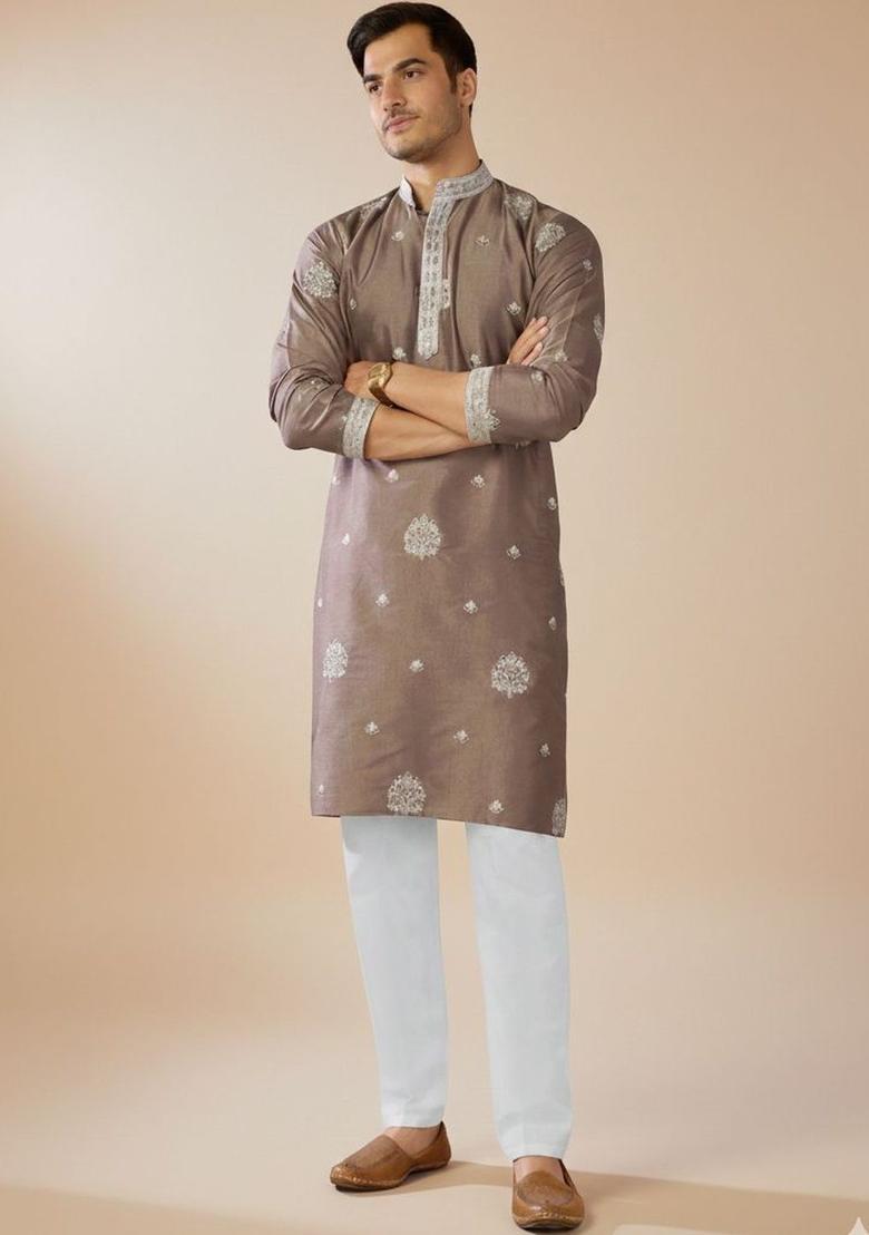 Brown Embroidered Cotton Kurta Set For Men - Indya