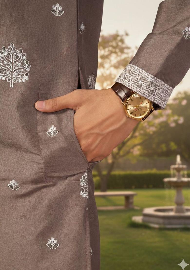 Brown Embroidered Cotton Kurta Set For Men - Indya