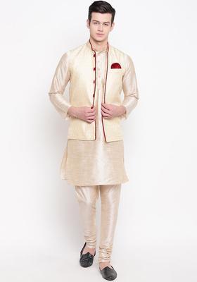 Beige Solid Silk Kurta Set For Men