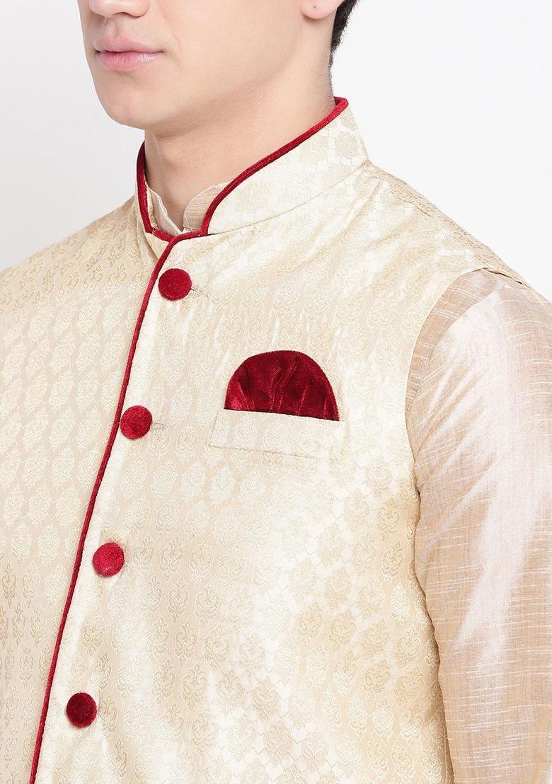 Beige Solid Silk Kurta Set For Men - Indya