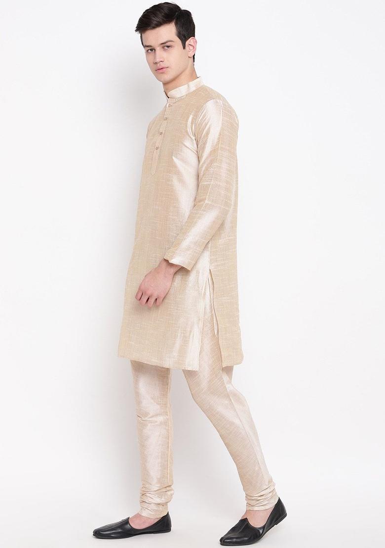 Beige Solid Silk Kurta Set For Men - Indya