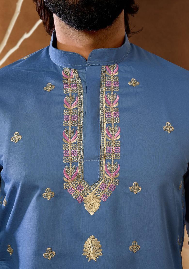 Blue Embroidered Cotton Kurta Set For Men - Indya