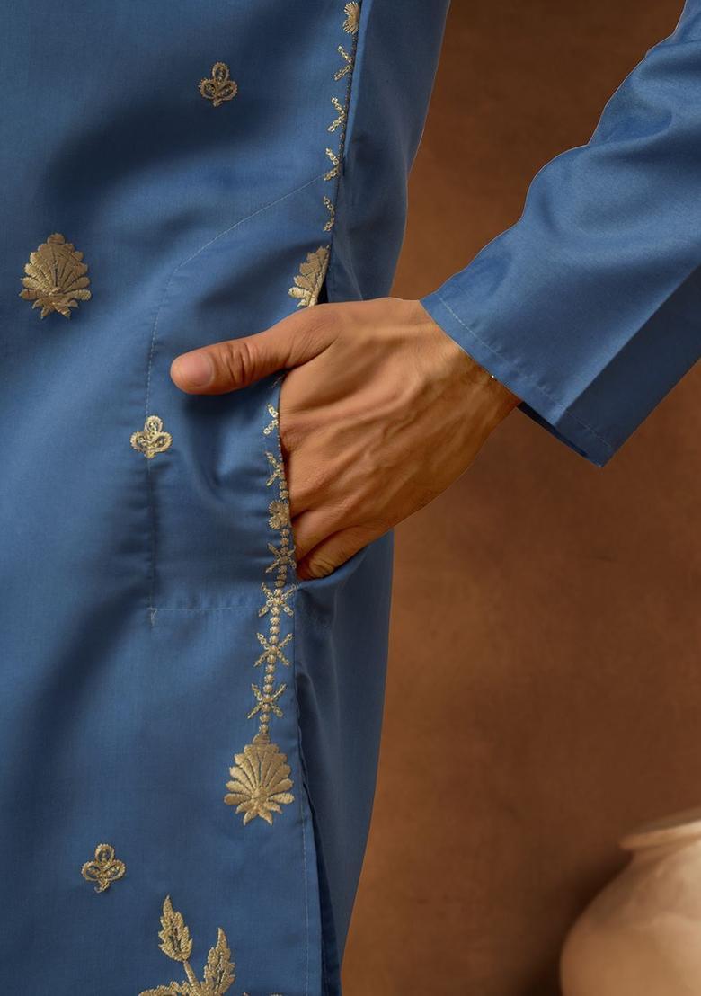 Blue Embroidered Cotton Kurta Set For Men - Indya