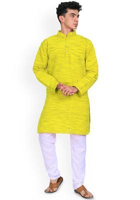 Yellow Woven Design Cotton Kurta Set For Men