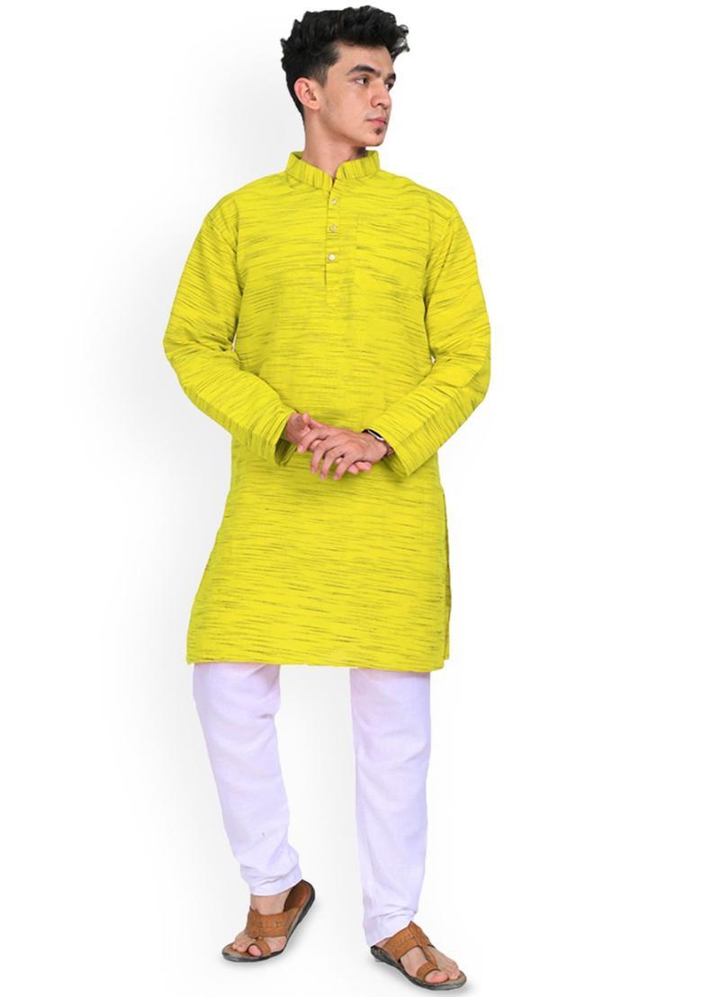 Yellow Woven Design Cotton Kurta Set For Men - Indya