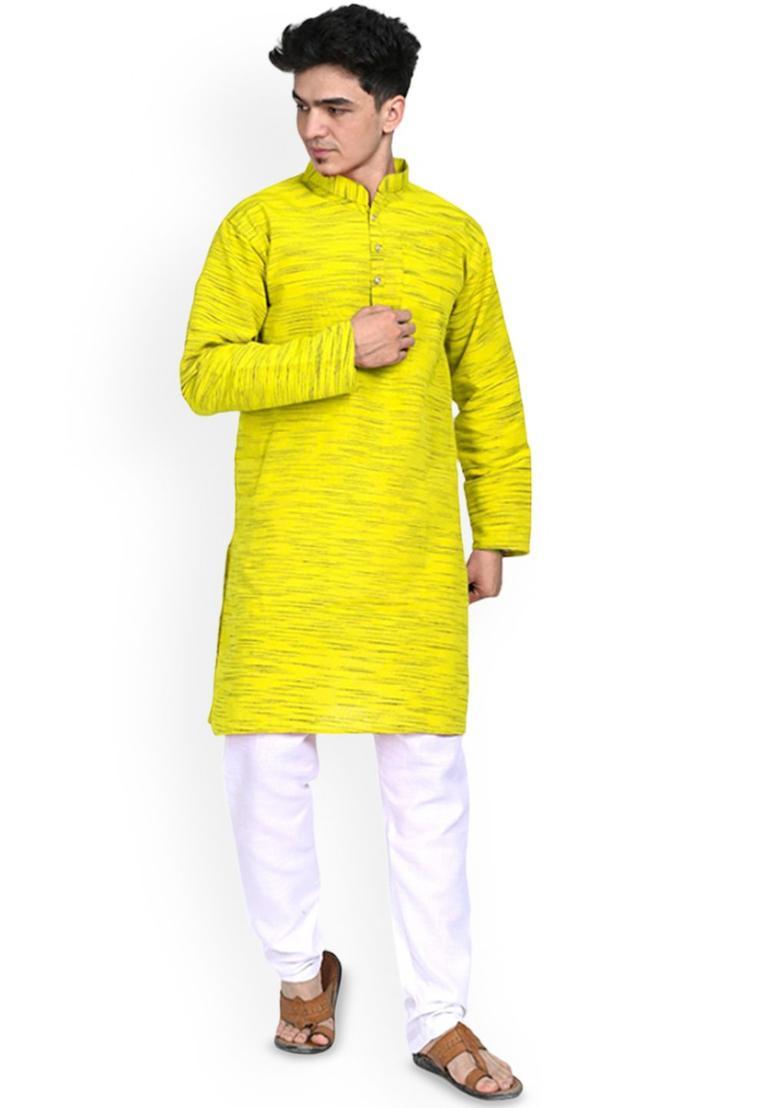 Yellow Woven Design Cotton Kurta Set For Men - Indya