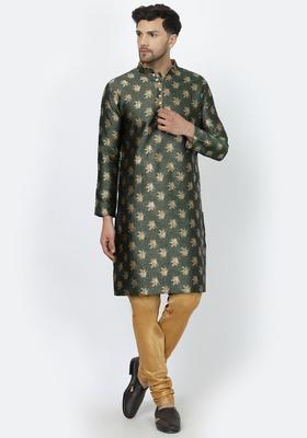 Green Woven Design Silk Kurta Set For Men