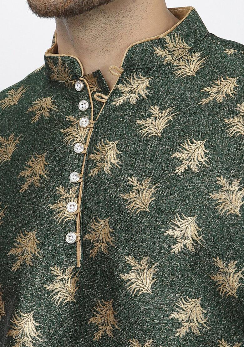 Green Woven Design Silk Kurta Set For Men - Indya