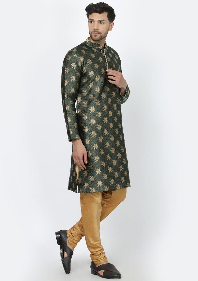 Green Woven Design Silk Kurta Set For Men - Indya